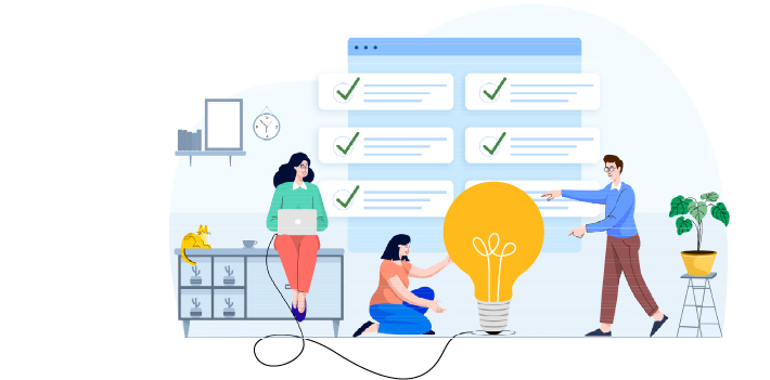 Two women working in a modern office setting, one using a laptop while the other interacts with a large light bulb symbolizing creativity and ideas. Checklists are visible on a digital screen in the background, emphasizing productivity and organization.