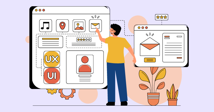 Person interacting with a digital interface displaying various application icons, including email, user profiles, and notifications, alongside a smartphone showing an email notification, set in a modern workspace with a potted plant.