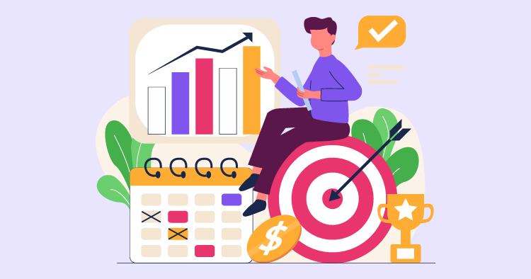 Illustration of a person sitting on a target, analyzing a growth chart, with a calendar, dollar sign, and trophy in the background, symbolizing goal setting and financial planning.