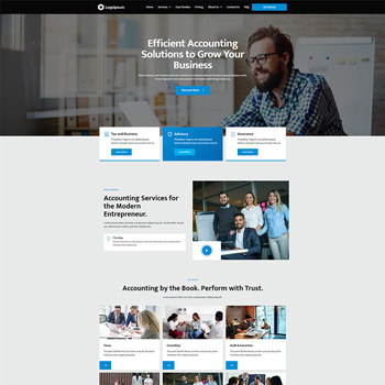 A professional accounting services website showcasing solutions for businesses, featuring a smiling man in glasses, team collaboration images, and sections for various accounting services aimed at modern entrepreneurs.