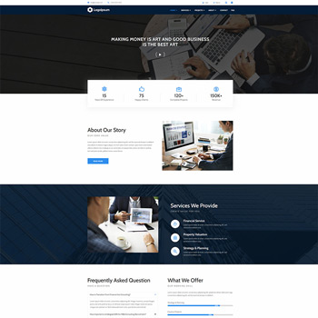 Image of a professional business website layout featuring sections on company story, services provided, frequently asked questions, and client testimonials, emphasizing financial and property consulting services.