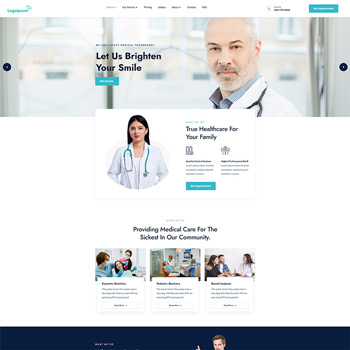 Homepage of a healthcare website featuring a smiling doctor and a female healthcare professional in scrubs, emphasizing family healthcare and community medical services.