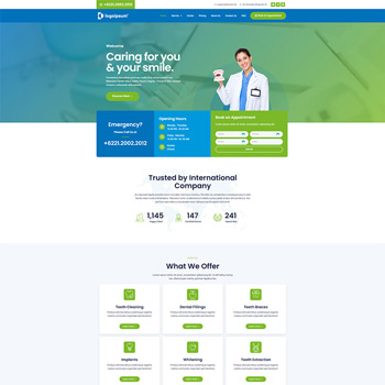 Homepage of a dental clinic featuring a welcoming dentist holding a dental tool, with sections highlighting emergency services, appointment booking, and a list of dental services offered, all designed in a modern, user-friendly layout.