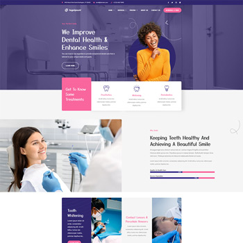 Dental clinic website homepage featuring a smiling woman, dental professionals in a treatment setting, and sections on dental health services like teeth whitening and general treatments.
