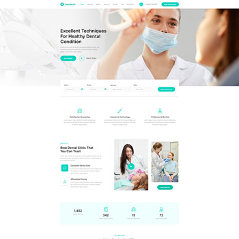 Dental clinic website homepage featuring a dentist in a mask demonstrating techniques for maintaining healthy dental conditions, with sections on dental services, patient care, and advanced technology.