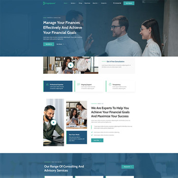Website homepage for a financial consulting firm, featuring a professional design with sections on financial management, expert consultations, and advisory services to help clients achieve their financial goals.