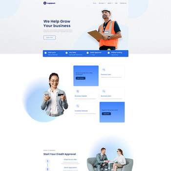 Website layout showcasing business growth services with a focus on financial solutions. Features a smiling woman holding a credit card, a man in a safety vest, and sections for personal loans, business capital, and credit approval.