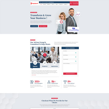 A professional website homepage featuring a business transformation theme, showcasing diverse business advisors and client interactions, highlighting growth statistics and services offered to clients.