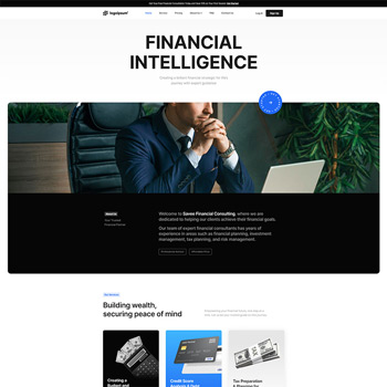 Homepage of a financial consulting website featuring a professional man in a suit, emphasizing financial intelligence and wealth management services. The layout includes sections for building wealth and securing peace of mind, with a focus on consulting and tax preparation.