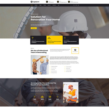 Homepage of a renovation company featuring a professional team, showcasing services, statistics, and a modern design. The layout includes sections for project highlights, a commitment to quality, and contact information, aimed at homeowners seeking renovation solutions.