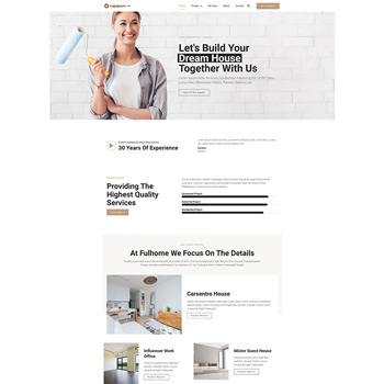 Home improvement website homepage featuring a smiling woman holding a paint roller, promoting quality construction and renovation services with a focus on detail and customer satisfaction.
