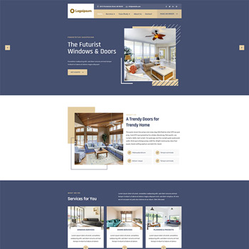 Website design for "The Futurist Windows & Doors," featuring a modern layout with sections for trendy doors, windows, and services. The color scheme includes navy blue and white, showcasing images of stylish home interiors.