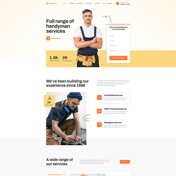 Handyman services website homepage featuring two professionals, one smiling and wearing a tool belt, and the other focused on a woodworking project. The layout highlights a full range of services, customer testimonials, and a booking form for easy access.