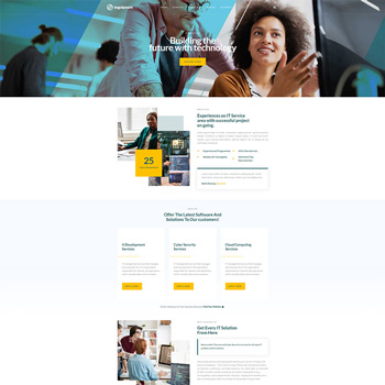 Website homepage showcasing IT services, featuring a smiling woman in a professional setting, sections highlighting years of experience, and offerings like software development, cybersecurity, and cloud consulting.