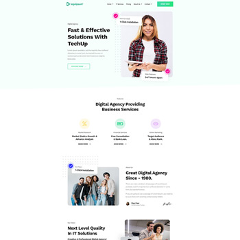Homepage of TechUp, a digital agency offering IT solutions and business services. Features a smiling woman in a plaid shirt, sections highlighting services, and a professional team showcasing expertise in digital marketing and technology.