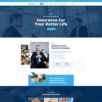 Insurance company website homepage showcasing professional services and client consultations, featuring a welcoming message and key statistics about the company’s offerings.