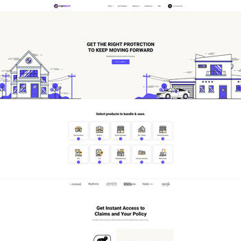 Homepage of a website offering insurance products, featuring illustrations of a house, car, and various icons representing different insurance options. The layout emphasizes bundling services for savings and provides quick access to claims and policy information.