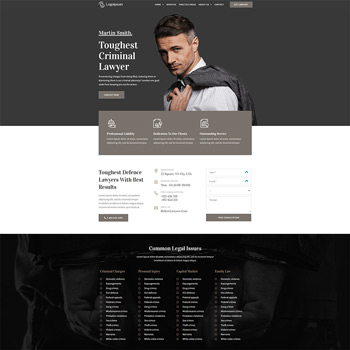 Homepage of Martin Smith, a criminal lawyer, featuring a professional image of the lawyer, contact information, and sections highlighting legal services and common legal issues. The design emphasizes expertise in criminal defense.