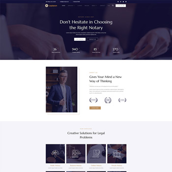 Homepage of a notary services website featuring a professional man, with sections highlighting various legal solutions and client testimonials, designed for easy navigation and user engagement.