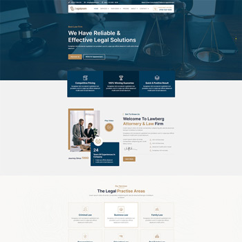 Homepage of Lawberg Attorney & Law Firm featuring a professional layout with sections highlighting reliable legal solutions, practice areas, and client testimonials. The design includes images of attorneys consulting with clients, a navigation menu, and icons representing various legal services.