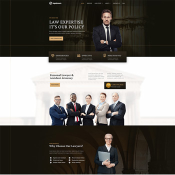 Homepage of a law firm featuring a professional lawyer and a diverse team of attorneys. Highlights include sections on legal expertise, personal injury, and accident attorney services, emphasizing experience and client support. The design is modern and user-friendly, aimed at attracting potential clients seeking legal representation.