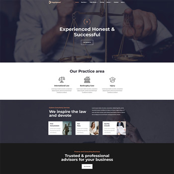 A professional law firm website homepage showcasing services such as international law, bankruptcy cases, and personal injury, featuring a balanced scale symbolizing justice and trust.