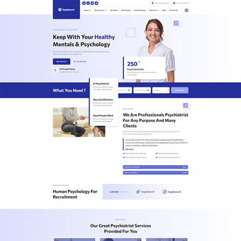 Homepage of a mental health and psychiatry service, featuring a smiling professional, service offerings, and navigation options for clients seeking psychological support and recruitment services.