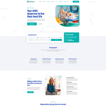 Homepage of a child therapy service featuring a cheerful child playing on colorful equipment with a therapist. The layout includes sections for appointment scheduling, information about their approach, and testimonials, emphasizing support for children's development and well-being.