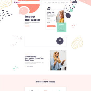 Website homepage featuring a motivational theme with sections highlighting a discount offer, a call to action to achieve personal goals, and a speaker engaging with an audience. The design includes colorful abstract shapes and a user-friendly layout.