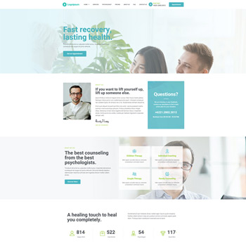 Homepage of a mental health counseling website featuring a clean design, images of smiling individuals, and sections highlighting services, statistics, and contact information for psychological support.
