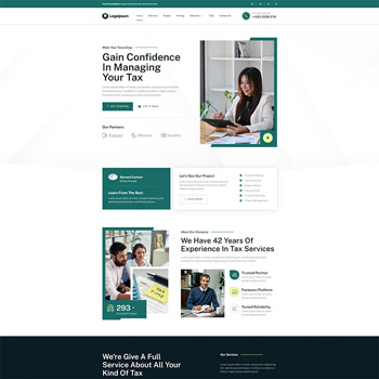 Tax service website homepage featuring a professional woman managing tax documents, highlighting expertise and confidence in tax management. Includes sections on services, partnerships, and experience in the industry.