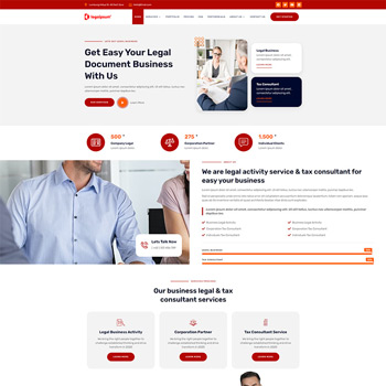Homepage of a legal document and tax consulting service featuring statistics on clients served, a call-to-action button, and descriptions of various services offered. The design includes professional images of consultants and a user-friendly layout to facilitate easy navigation.