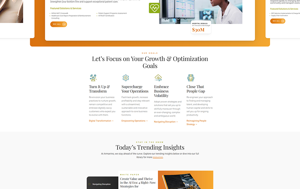Website homepage showcasing business growth and optimization strategies, featuring sections on digital transformation, operational efficiency, and workforce development. Highlights include a call to action for featured solutions and trending insights.