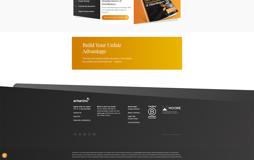 Website homepage of Armanino, featuring a call to action to build an unfair advantage in manufacturing and distribution. The design includes sections on people strategy, empowering operations, and digital transformation, with contact information and links for job applications.