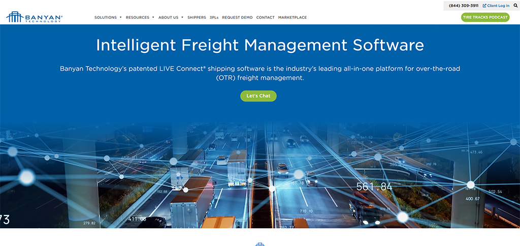 Homepage of Banyan Technology featuring intelligent freight management software, showcasing their patented LIVE Connect® shipping platform for over-the-road freight management. The design includes a modern interface with a focus on logistics and transportation solutions.