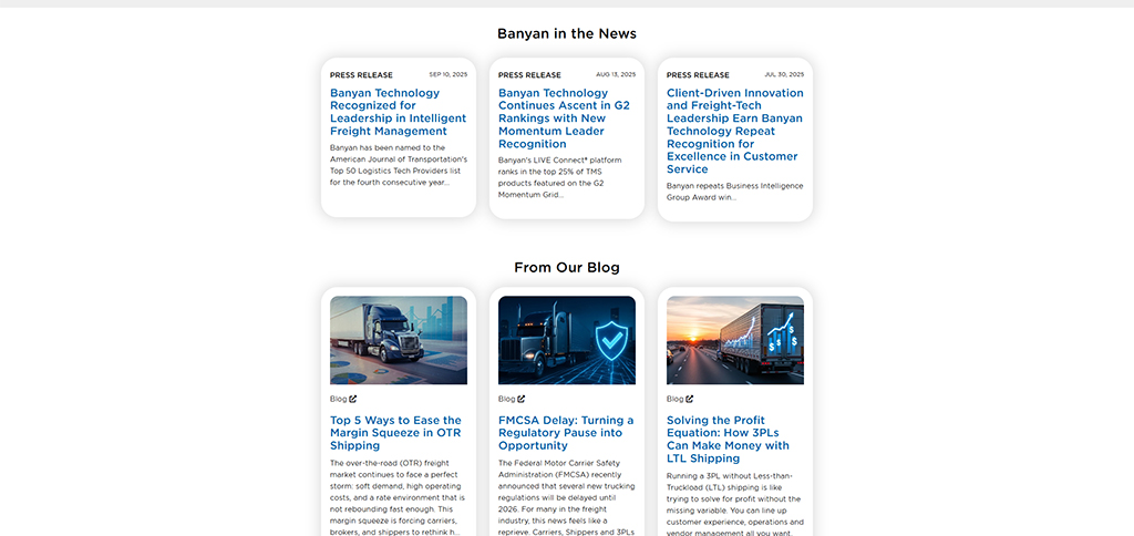 Banyan Technology news and blog section featuring recent press releases and articles on logistics, freight management, and industry insights. Highlights include recognition for leadership in intelligent freight management and tips for improving profitability in shipping.