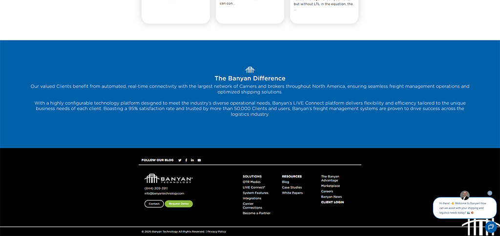 Banyan Technology website footer showcasing their freight management solutions, emphasizing real-time connectivity, client satisfaction, and a configurable technology platform for diverse logistics needs across North America.