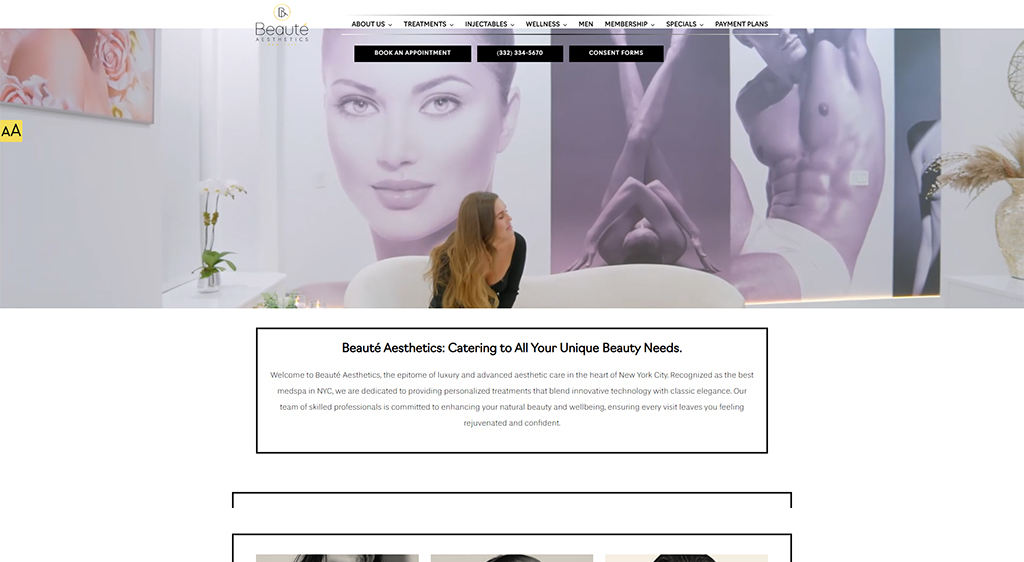 Woman sitting in a modern medspa environment at Beauté Aesthetics, surrounded by elegant decor and large, artistic wall images, showcasing luxury aesthetic treatments in New York City.
