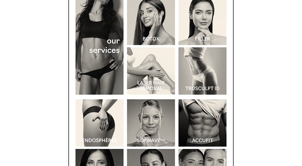 Collage showcasing aesthetic services including Botox, fillers, laser hair removal, Trusculpt ID, Endosphères, Sofwave™, and Accufit, featuring diverse individuals demonstrating body confidence and beauty treatments.