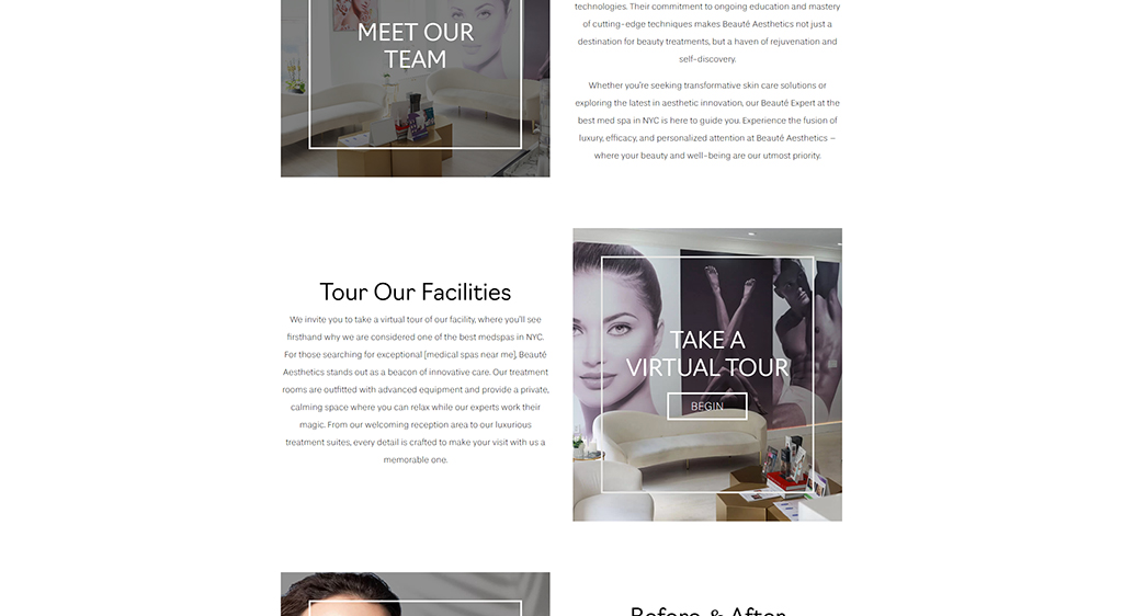 Image showcasing the interior of Beauté Aesthetics, a premier medical spa in NYC, featuring modern decor, welcoming reception area, and large wall art depicting beauty treatments. The layout emphasizes a calming environment for clients seeking skin care solutions and aesthetic services.