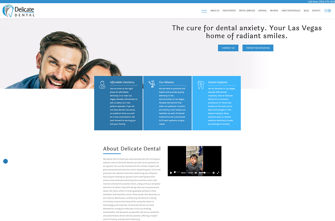 Smiling couple at Delicate Dental, a dental practice in Las Vegas, promoting affordable dentistry and anxiety-free dental care. The website emphasizes their mission to improve oral health and provide quality dental services.