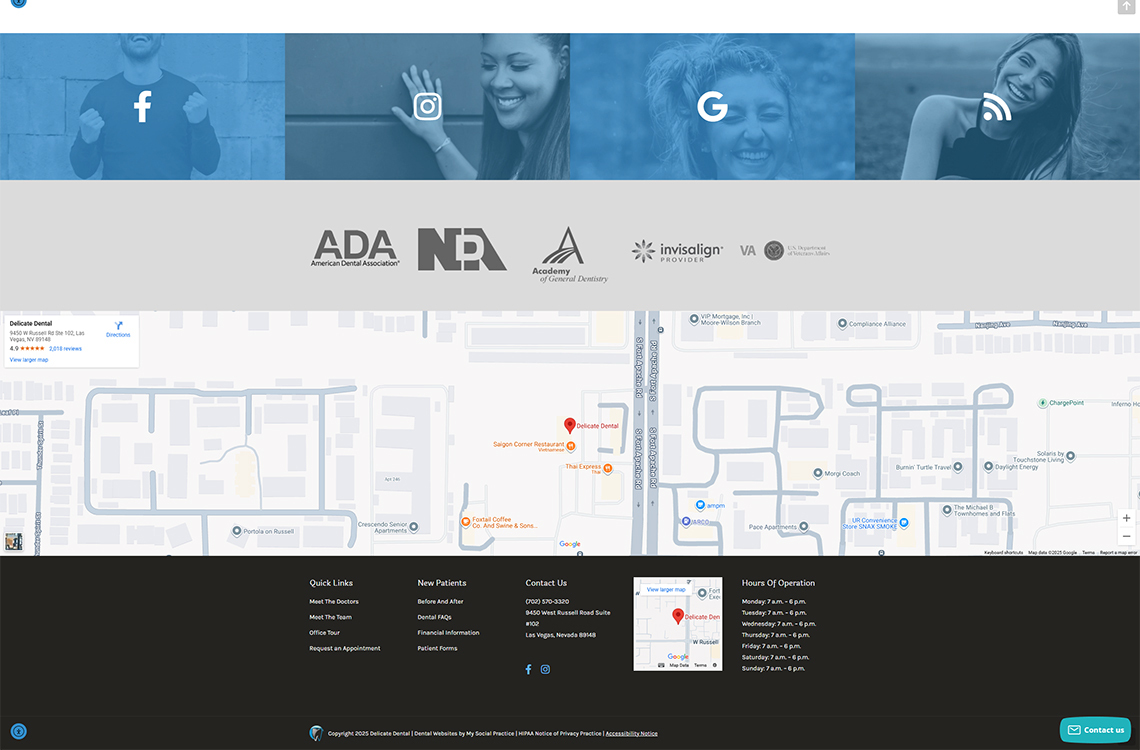 Website footer for Delicate Dental featuring social media icons, professional associations like ADA and NDA, and a map location. Includes contact information, quick links for new patients, and office hours.