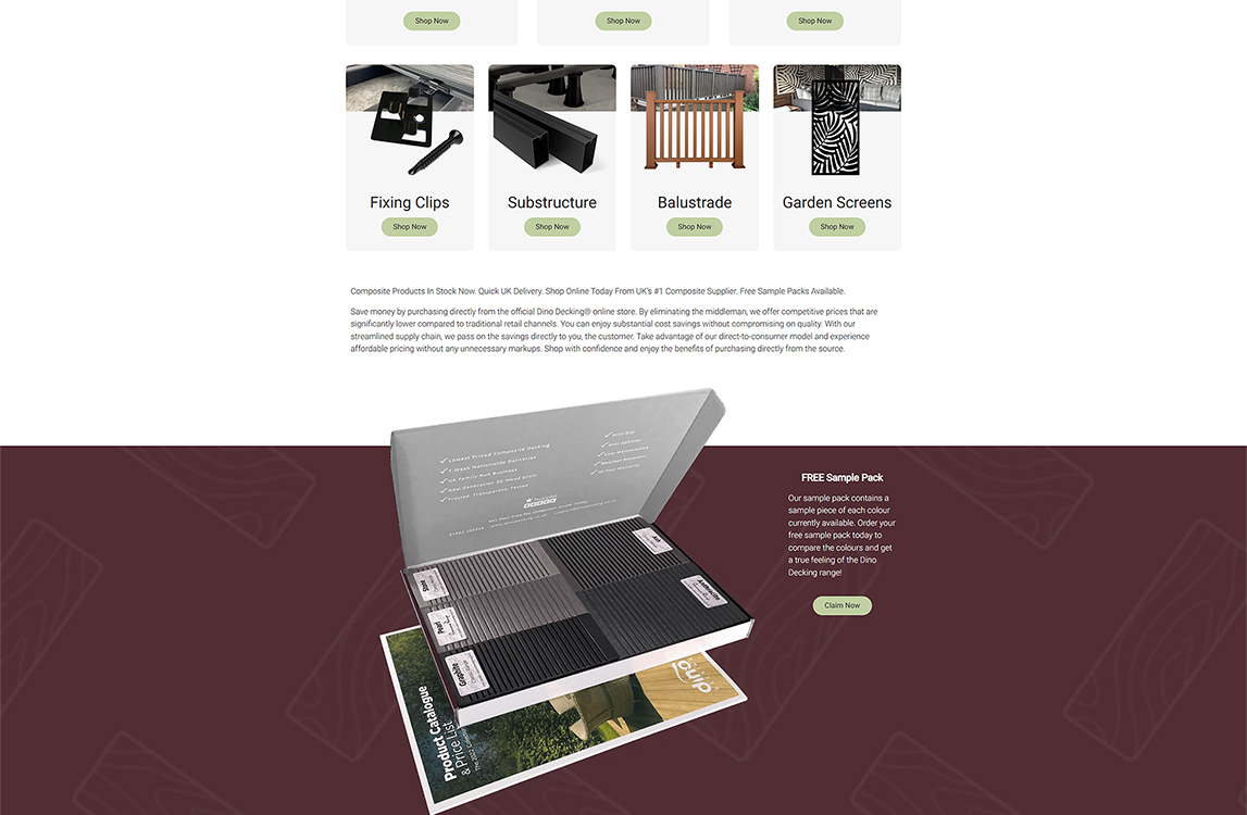 Composite decking sample pack displayed in an open box, showcasing various colors and textures, with a product catalog visible underneath, promoting free samples and direct-to-consumer pricing.