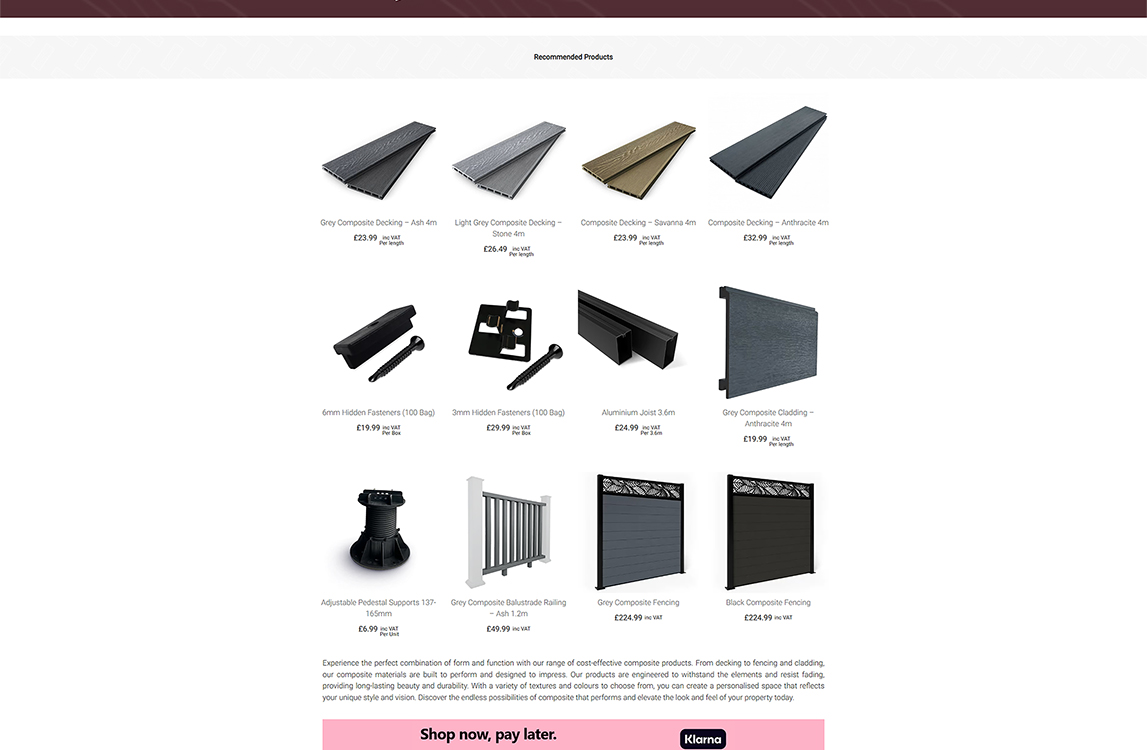 Image showcasing recommended composite decking and cladding products, including various colors and accessories with prices listed. Featured items include Grey Composite Decking, Light Grey Composite Decking, and Black Composite Fencing, highlighting durability and aesthetic appeal for outdoor spaces.