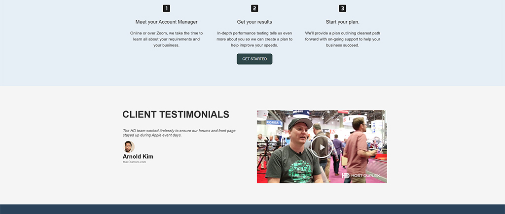Image featuring a client testimonial section for a web hosting service, showcasing a video of Arnold Kim discussing his positive experience with the HD team, who ensured their forums and front page remained operational during busy event days.