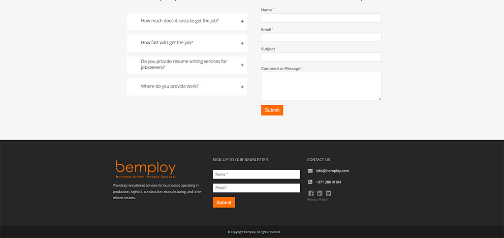 Contact form and FAQs section of Bemploy, a recruitment agency specializing in job placement and resume writing services for various industries including production, logistics, and construction.