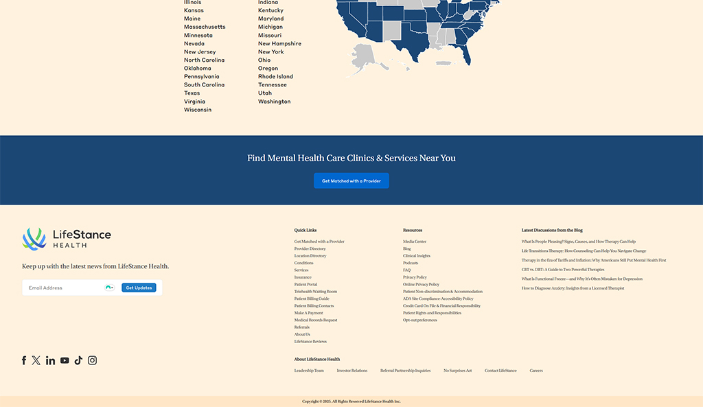 Map of the United States highlighting states where LifeStance Health offers mental health clinics and services, with a footer section providing links to resources, quick links, and latest blog discussions on mental health topics.