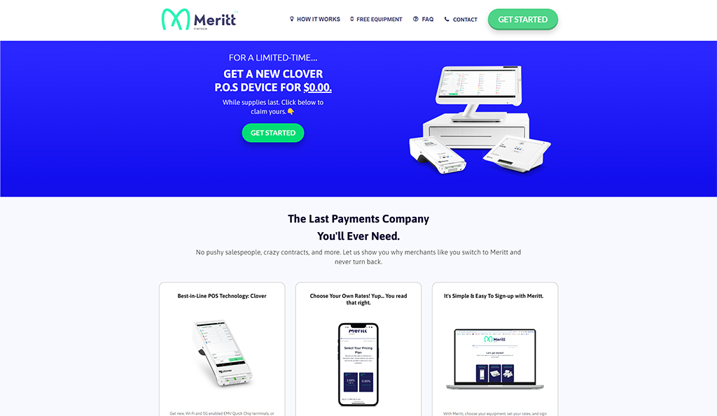 Meritt website promotional image featuring a new Clover POS device offer for $0. The image showcases a Clover POS system, including a tablet, card reader, and printer, against a vibrant blue background, emphasizing easy sign-up and no hidden fees for merchants.