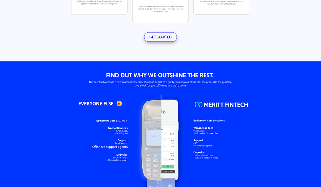 Image showcasing a comparison of payment processing services between Meritt Fintech and traditional providers. The visual highlights key differences such as equipment costs, transaction fees, support options, and deposit timelines, emphasizing Meritt Fintech's advantages with no upfront equipment cost and better support.
