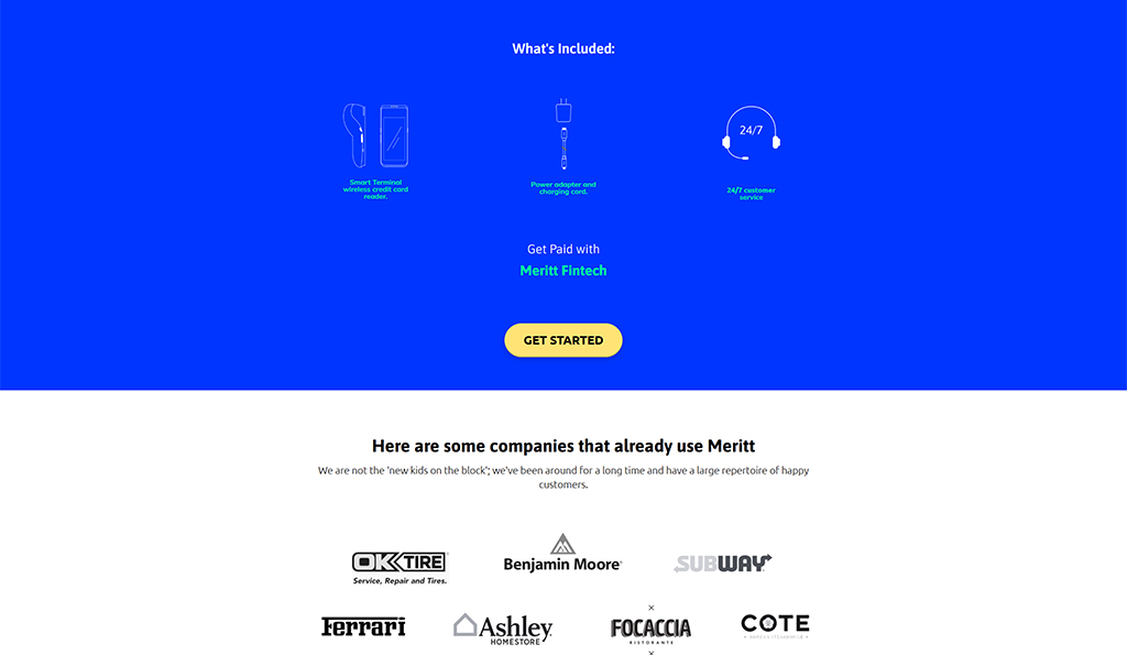 Image showcasing Meritt Fintech services, featuring a smart terminal for wireless credit card processing, a power adapter, and 24/7 customer support. Below, logos of partner companies like OK Tire, Benjamin Moore, Subway, Ferrari, Ashley Homestore, Focaccia, and Cote emphasize the brand's reliability and customer satisfaction.